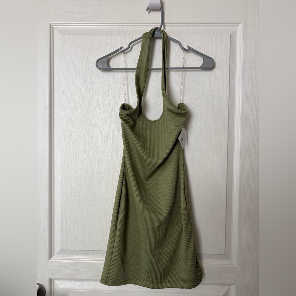Olive Green Halter Ribbed Dress